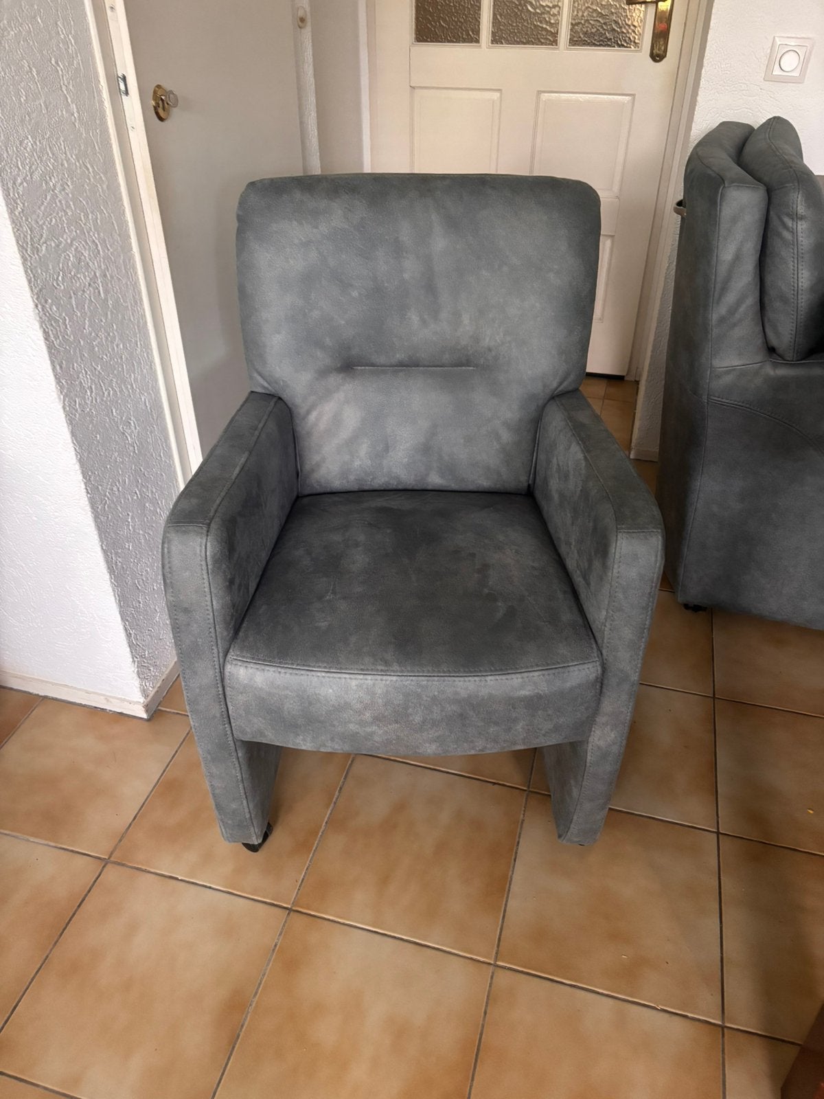 Leren eetkamer stoelen 4 op wieltjes, Ophalen, Gebruikt, Minder dan 75 cm, Leer