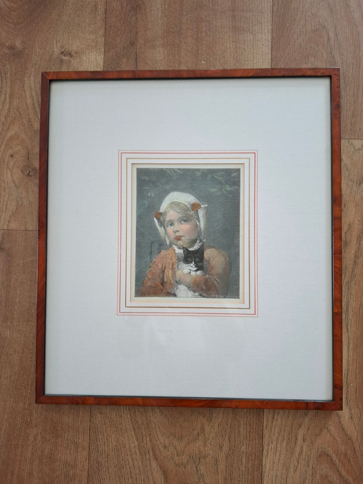 Antieke Gravure: Meisje met Kat - Schiedams Prenten Kabinet, Antiek en Kunst, Kunst | Etsen en Gravures, 1800 - 1899, Portret