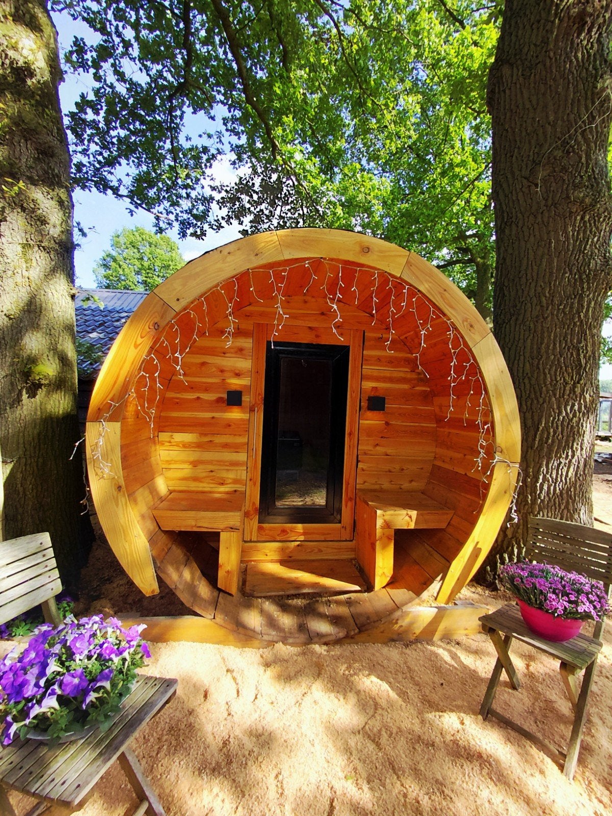 Mooie Lig Sauna | barrel sauna | buiten sauna I Ø216x282, Sport en Fitness, Sauna, Ophalen, Zo goed als nieuw, Fins of Traditioneel