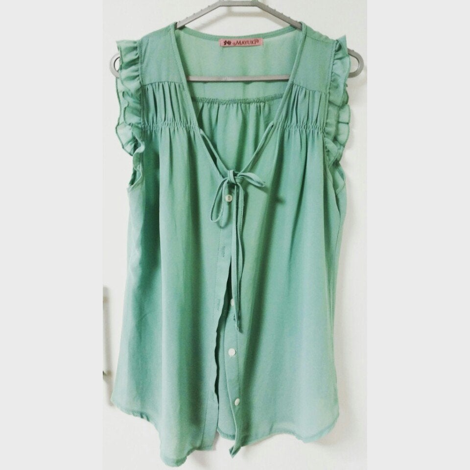 Koreaanse Mayuki Muntgroene Blouse met Ruches – Maat M, Kleding | Dames, Maat 38/40 (M), Ophalen of Verzenden, Zo goed als nieuw