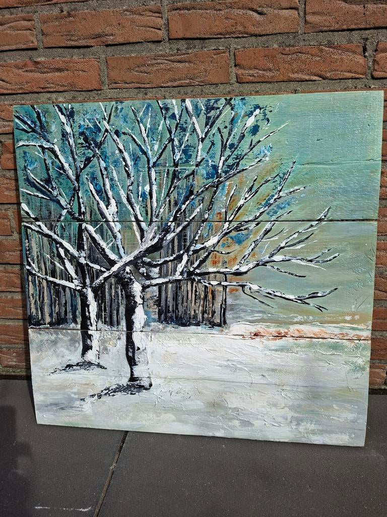 Schilderij winterlandschap op steigerhout, Ophalen