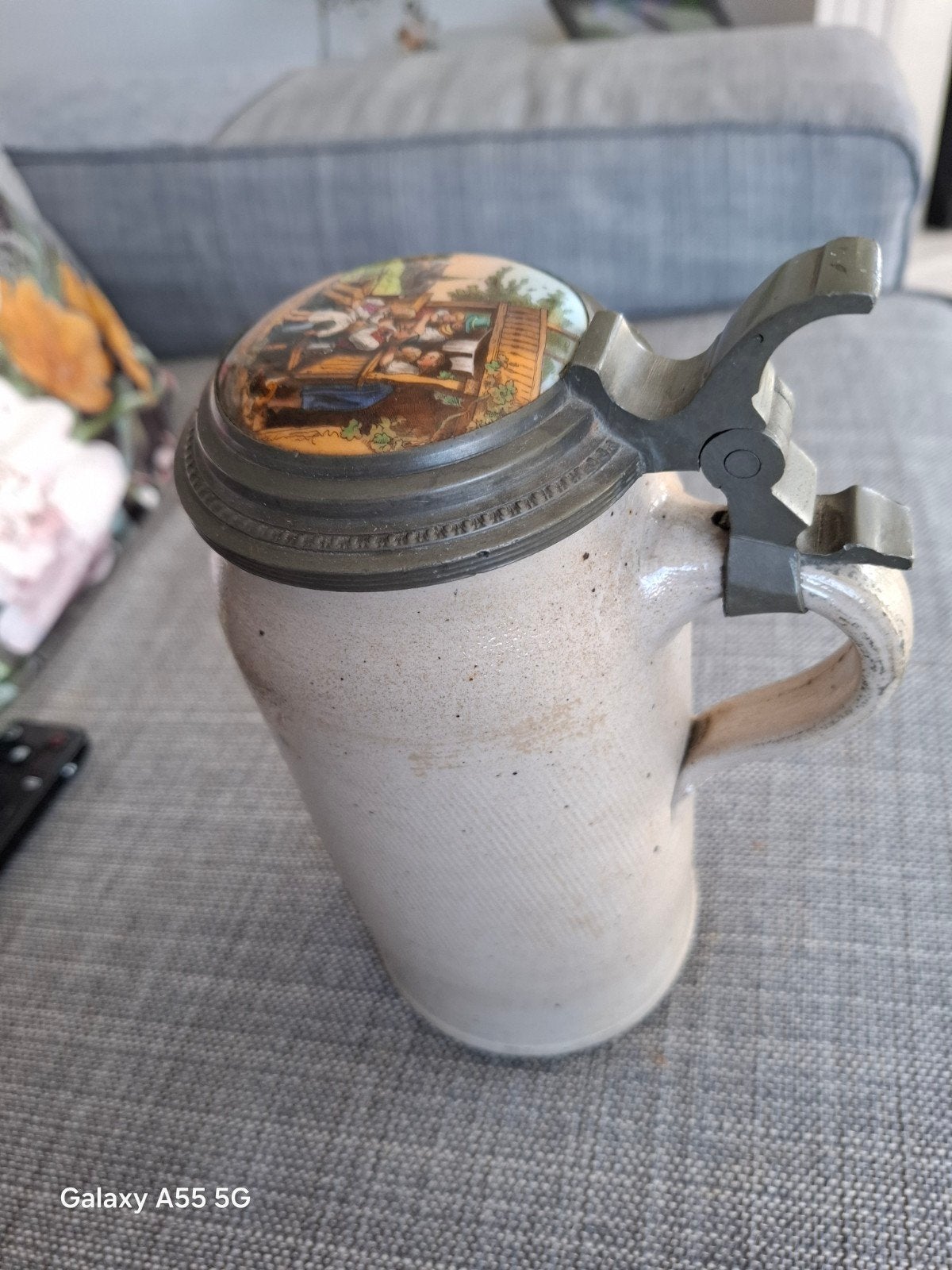 Antieke Bierpul met Scharnierend Deksel en Scène, Antiek en Kunst, Ophalen of Verzenden