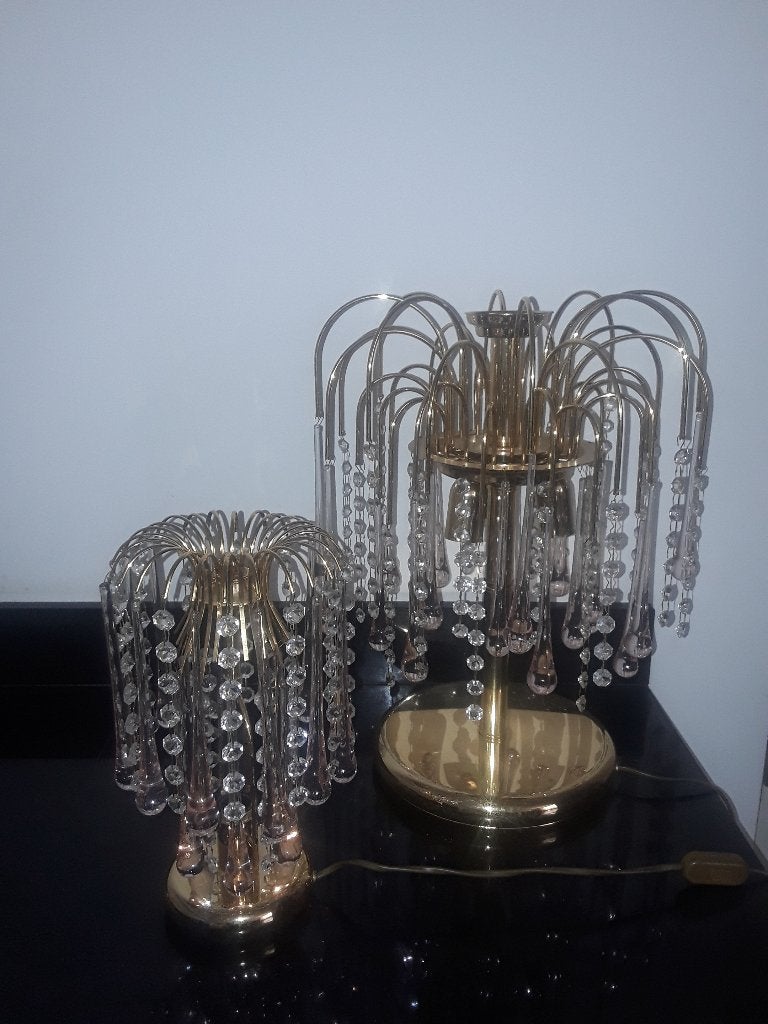 2 Italiaanse bladgouden schemerlampen vol kristal&druppels, Antiek en Kunst, Verzenden