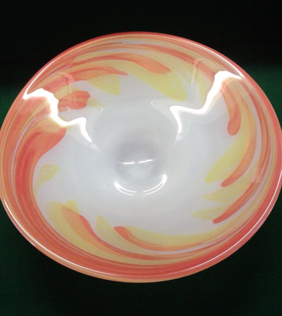 Glazen ovalen schaal, kleuren wit, oranje en geel, Schaal, Ophalen of Verzenden, Ovaal, Glas