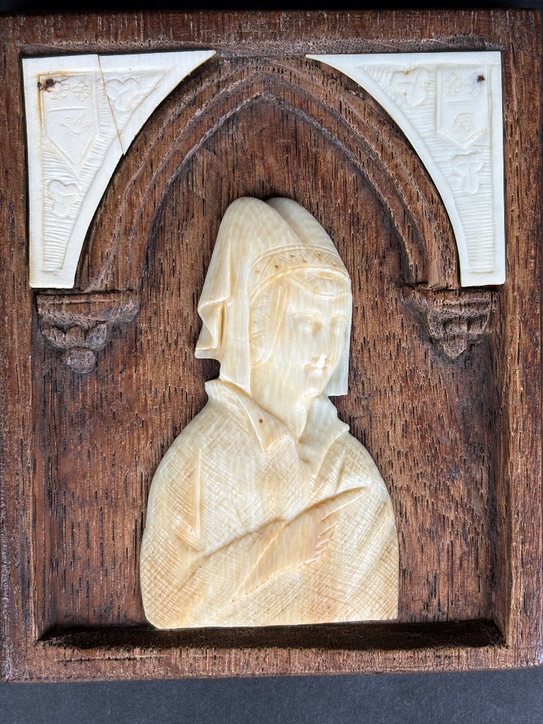 Set van gotische wandpaneeltjes eikenhout ivoren portretten, Overige onderwerpen, Houtsnijwerk, Minder dan 20 cm, Ophalen of Verzenden