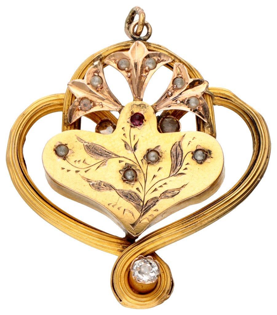 Art Nouveau 18K goud bicolour hanger met diamant gemerkt 750, Ophalen, Goud, Hanger, Met edelsteen