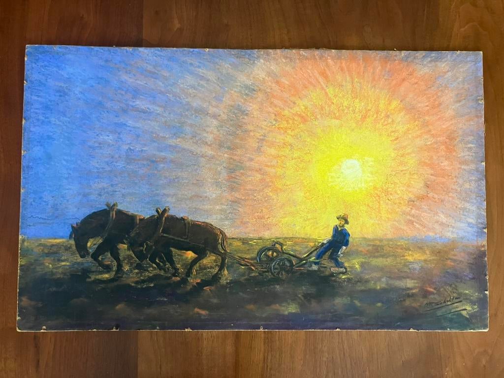 Schilderij ploegende paarden bij zonsopkomst, H.R. Scholten, Ophalen of Verzenden