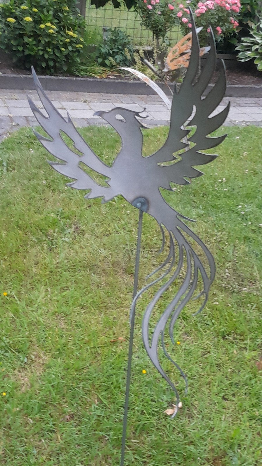 Stalen Paradijsvogel Tuinbeeld - Zelf Gemaakt - ca. 40 cm, Tuin en Terras, Ophalen of Verzenden, Zo goed als nieuw, Metaal, Dierenbeeld