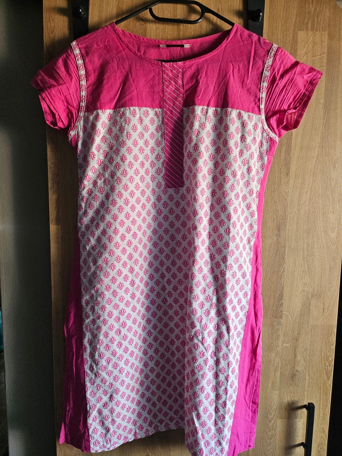 Roze/wit zomerjurkje met patroon - Maat LM, Kleding | Dames, Maat 42/44 (L), Ophalen of Verzenden, Zo goed als nieuw, Knielengte