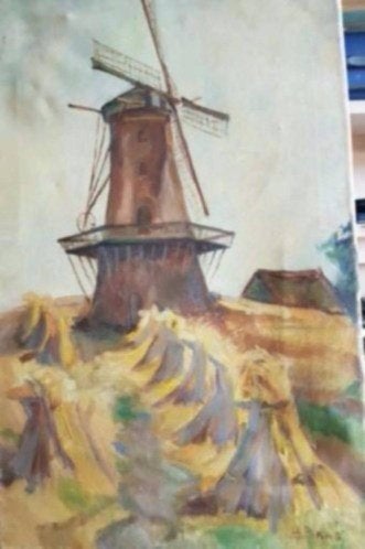 Fraai oud olieverf schilderij molen korenschoven A. Baas, Ophalen