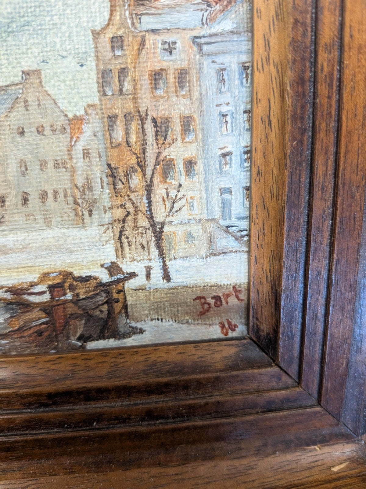 Schilderij Stadsgezicht Winter met Boot  Gesigneerd Bart '86, Doek, Realistisch, Ophalen of Verzenden, Stads- / dorpsgezicht