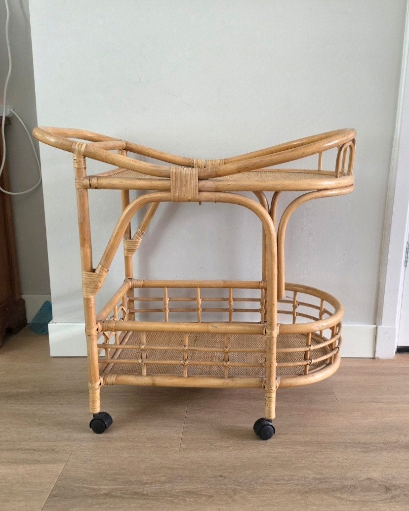bamboe/riet serveerwagen, Huis en Inrichting, Ophalen, 25 tot 50 cm, Rond, 50 tot 100 cm