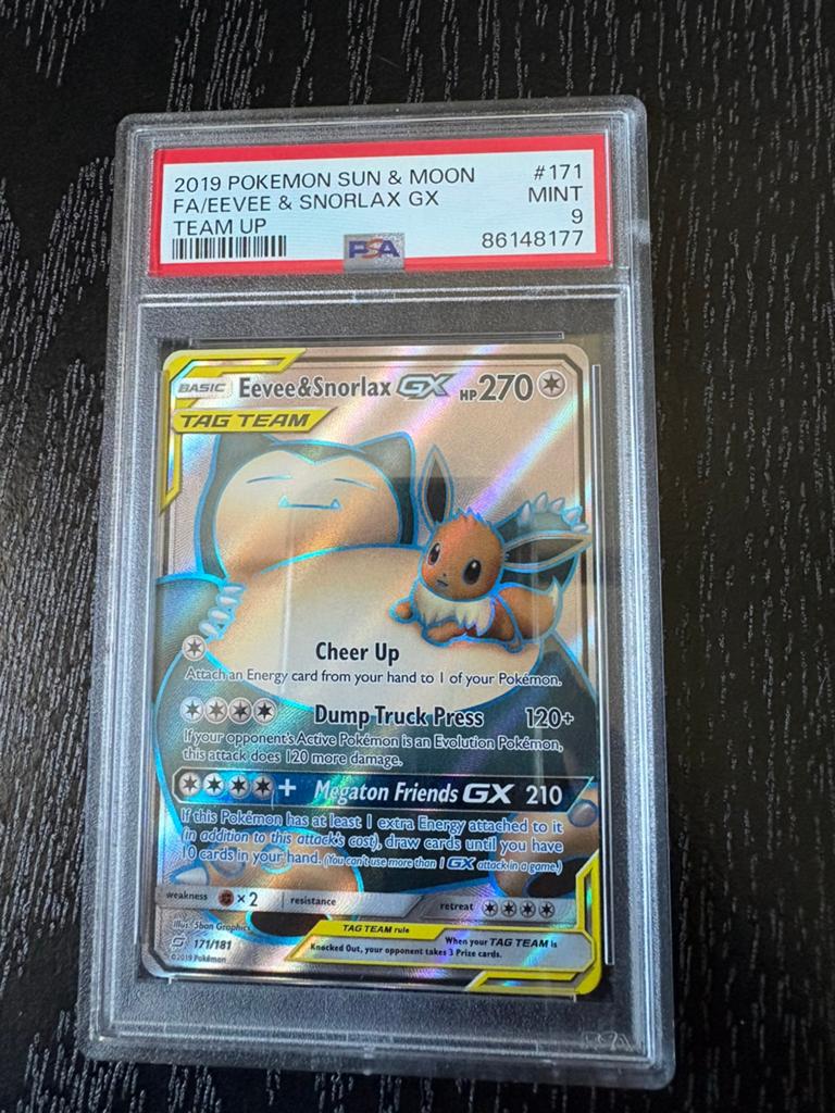 Eevee & Snorlax GX #171 PSA 9, Ophalen of Verzenden, Zo goed als nieuw, Losse kaart, Foil