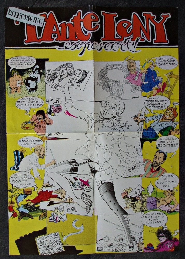 Uitnodiging Poster Tante Leny Exposeert! - Peter Pontiac, Verzenden, Overige figuren, Zo goed als nieuw, Plaatje, Poster of Sticker