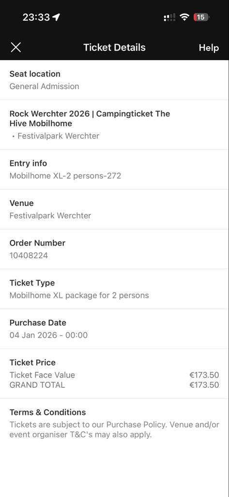 Werchter camping tickets mobilehome XL 2 personen, Twee personen