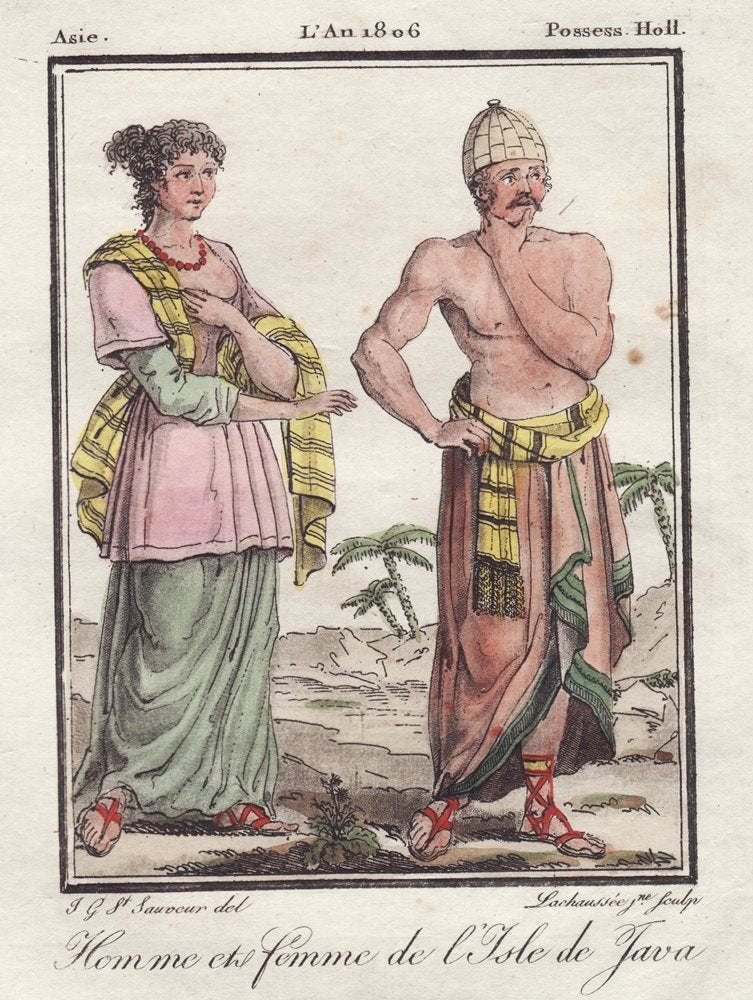 Java Indonesië klederdracht Nederlands-Indië gravure / ets, Verzenden, Gravure, Blanco verso, 1800 - 1899