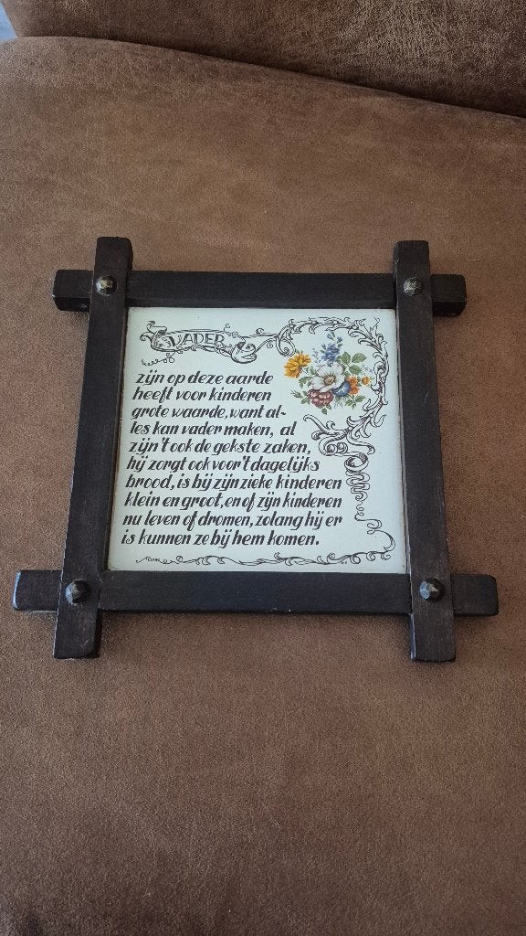 Vintage wandtegel met gedicht Vader, 21 cm, 21 cm, Steen/keramiek, Ophalen of Verzenden
