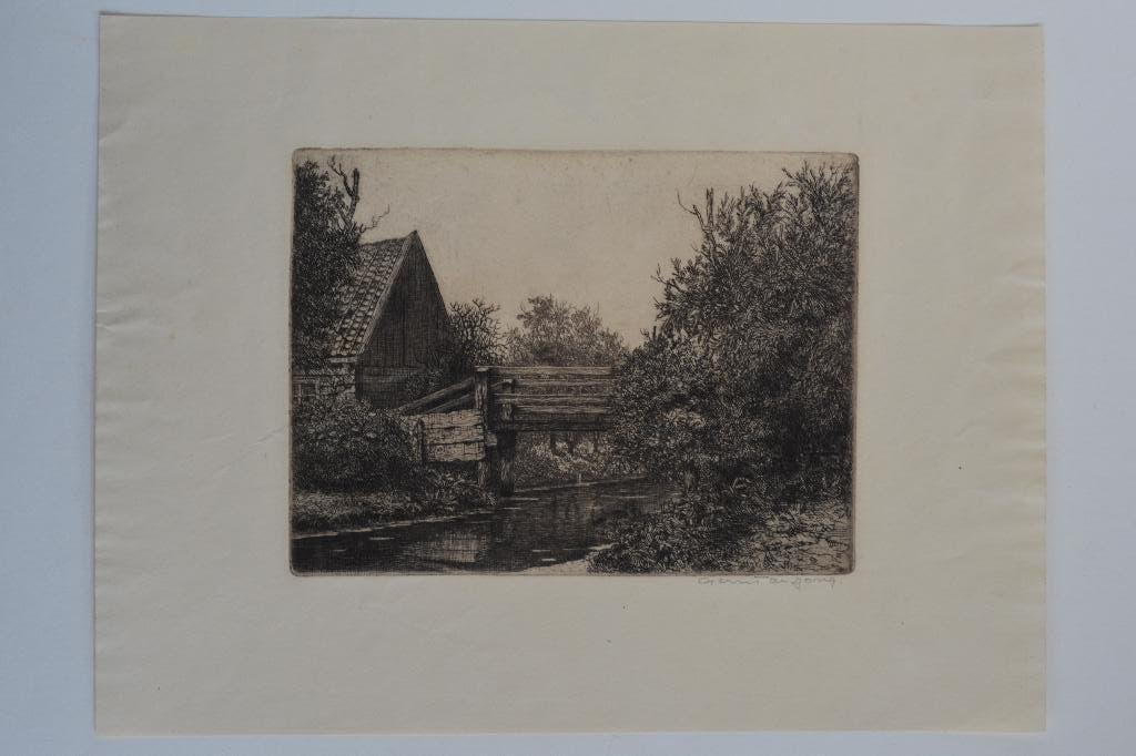 GERRIT DE JONG Mooie ETS HOUTEN LOOPBRUG Vaart en Schuur K27, Origineel, 19 cm, Architectuur, 13 cm