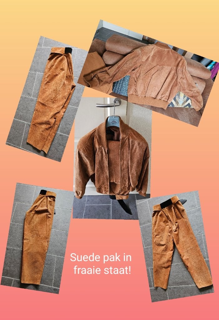 Suede pak, prachtige kleur licht bruin, mooi en gaaf mt M/L!, Kostuum of Pak, Bruin, Maat 42/44 (L), Ophalen of Verzenden