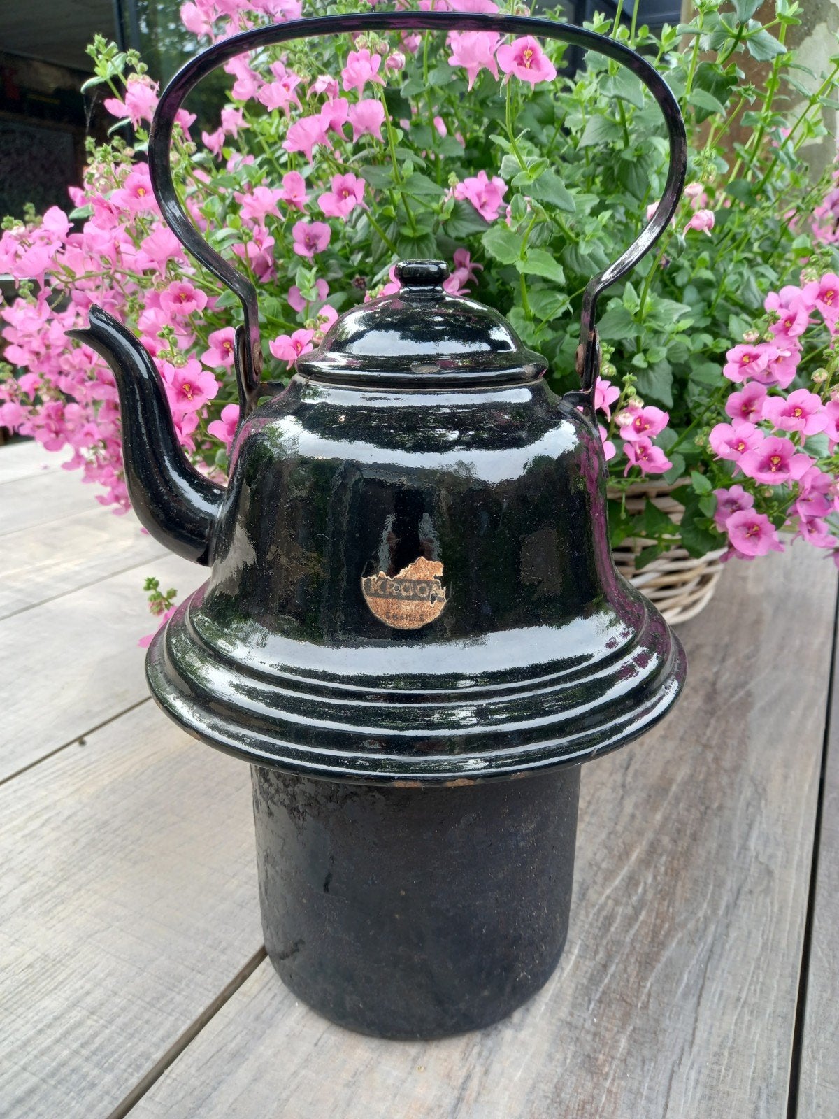 Antieke Kroon theeketel - Zwart geëmailleerd, Ophalen of Verzenden