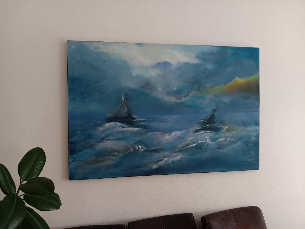 Groot modern schilderij zee / abstract – 120x80 cm – blauw, Huis en Inrichting, Woonaccessoires | Schilderijen, Tekeningen en Foto's