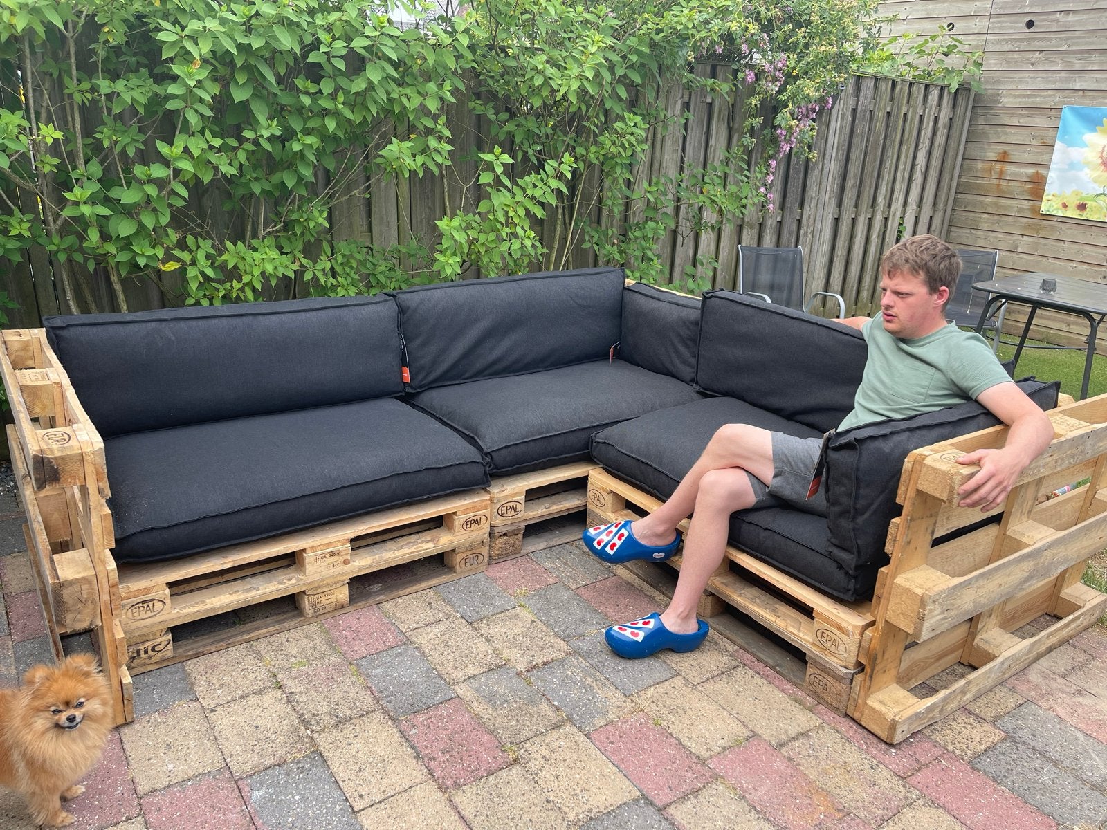Palletkussenset (3x zit + rug, 1x hoek) - Zo goed als nieuw, Ophalen, Zo goed als nieuw, Loungeset, Bank