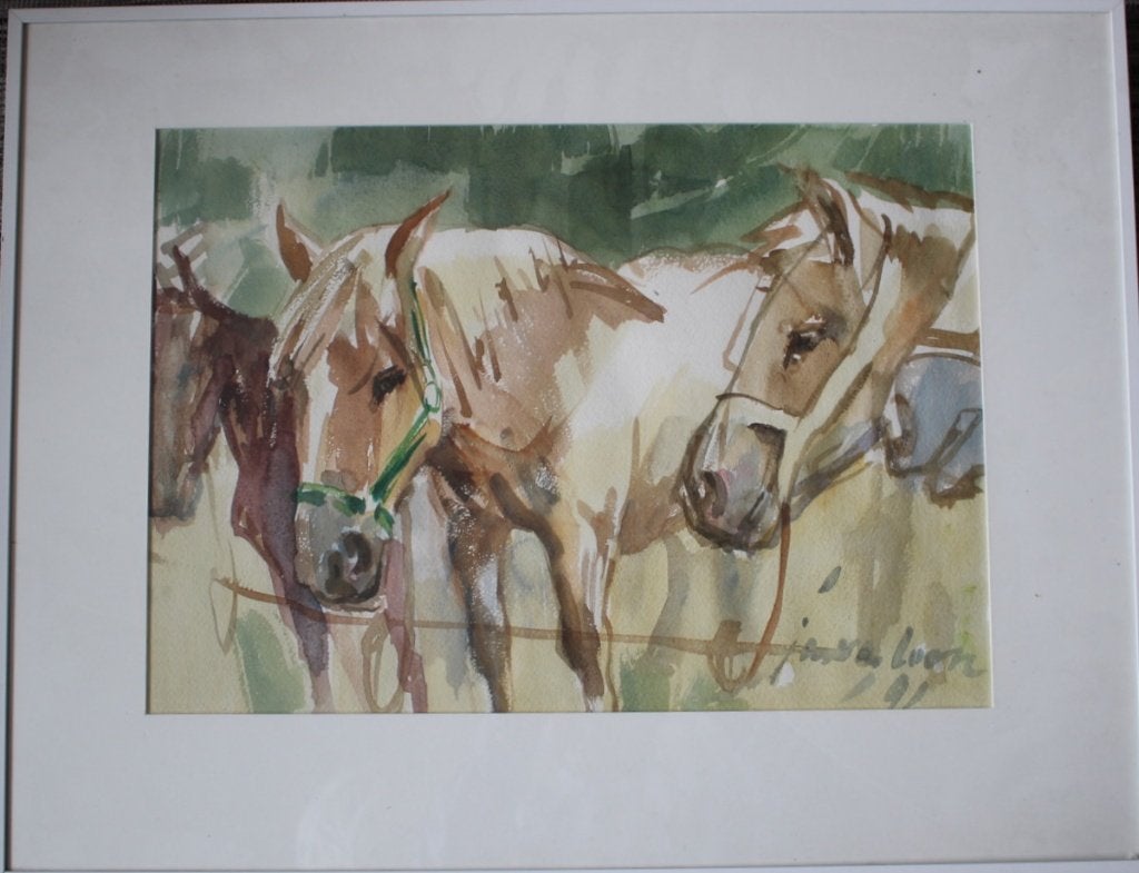 Jan van Loon, paarden op de Zuidlaardermarkt 1991, Aquarel., Antiek en Kunst, Ophalen, Dieren, Papier, Klassiek