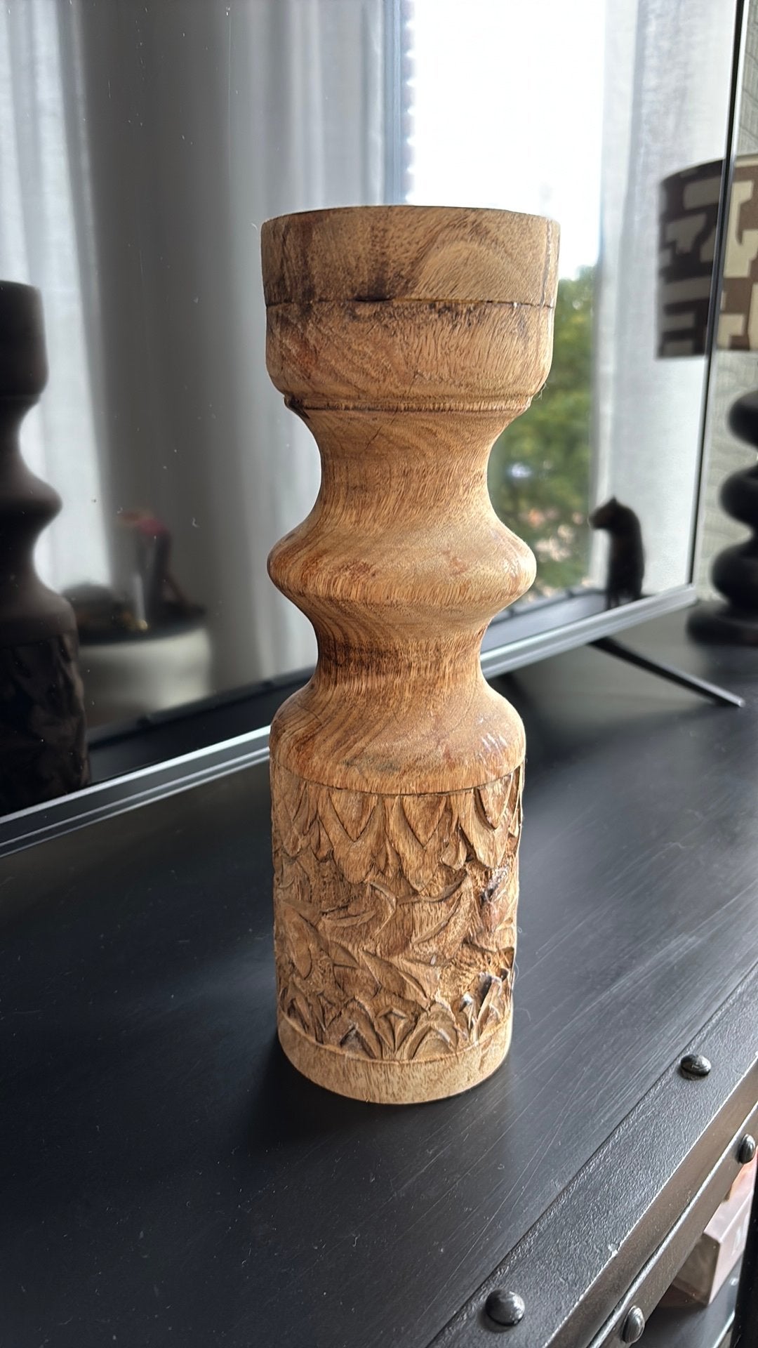 Mooie houten bewerkte kandelaar, Ophalen, 31 cm, Bruin, Zo goed als nieuw