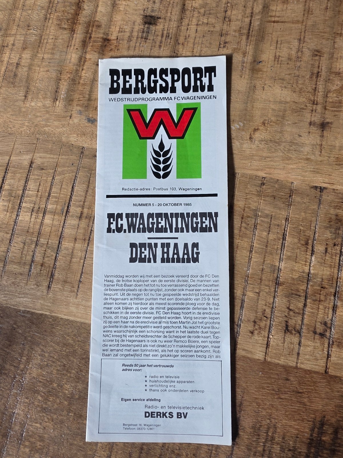 FC Wageningen - Den Haag Wedstrijdprogramma 20 Okt 1985, Ophalen of Verzenden, Zo goed als nieuw, Overige typen