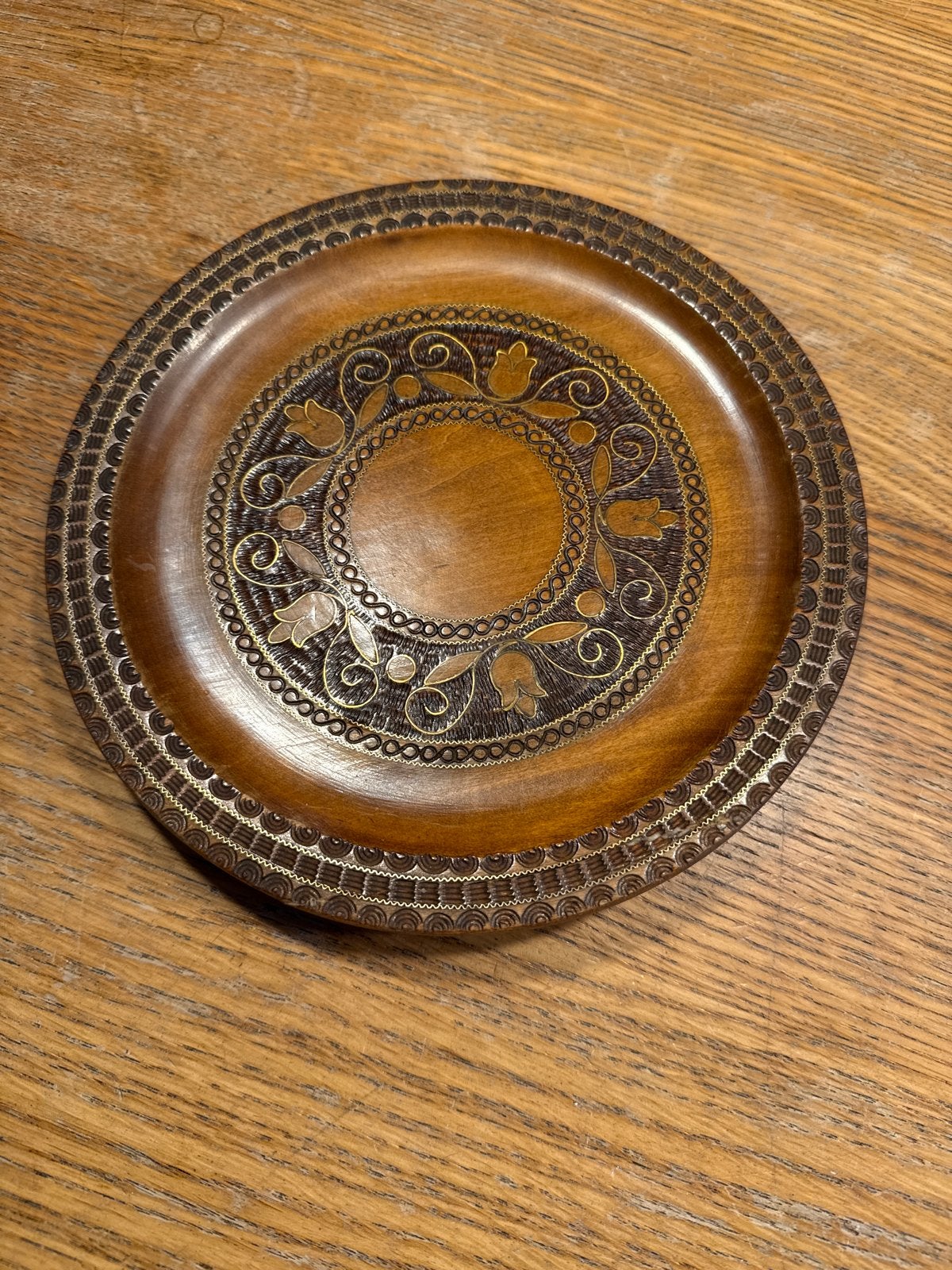 Vintage houten bord met ingelegd patroon, pools, 21cm, Ophalen of Verzenden