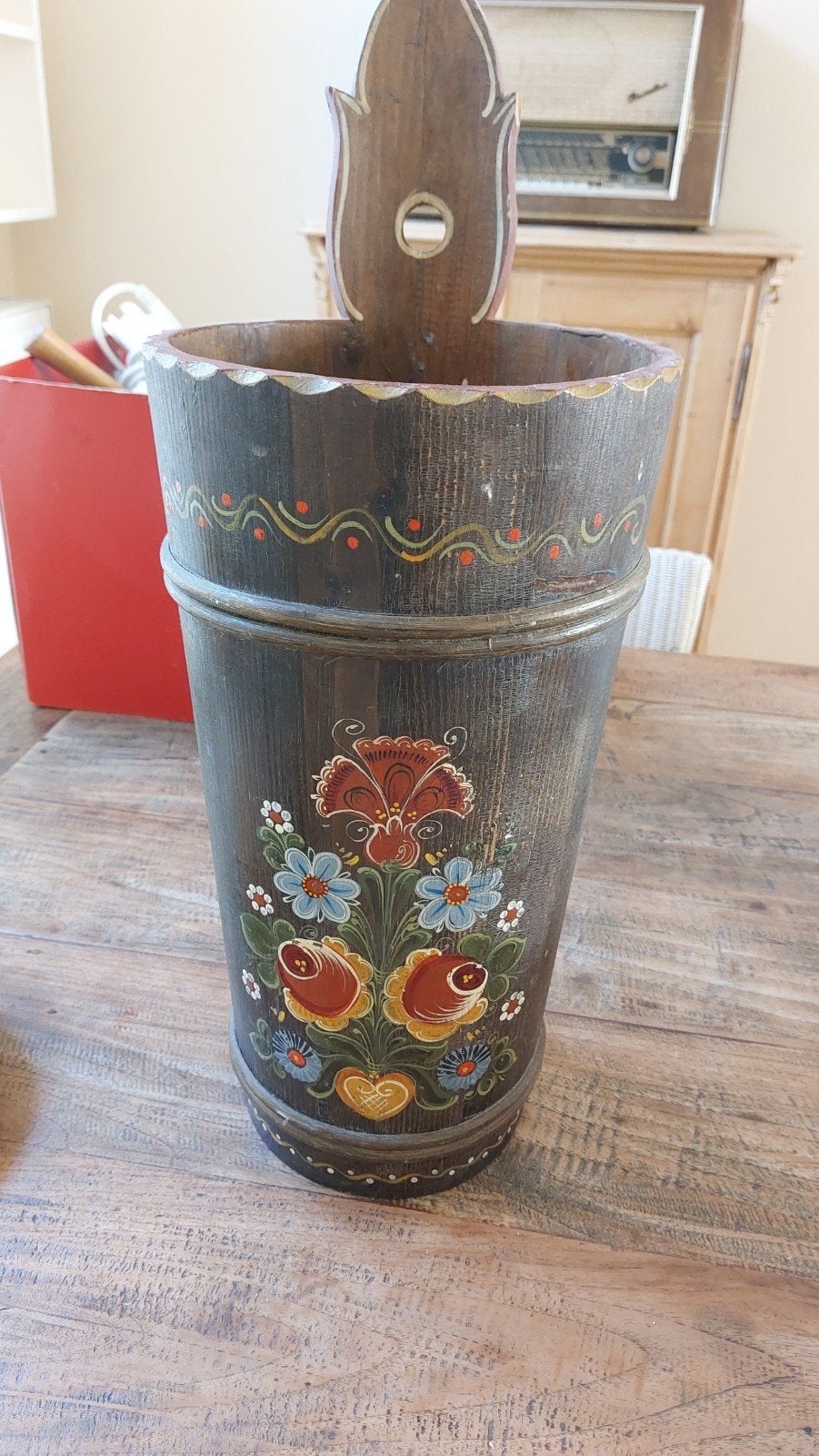 Antieke houten paraplu bakmet handgeschilderde bloemen, Ophalen of Verzenden