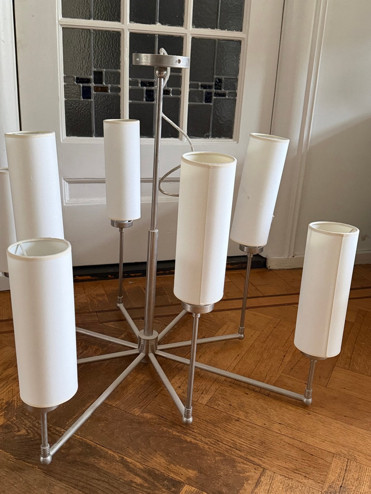 Vintage Sputnik Kroonluchter met 6 Armen en Witte Kappen, Ophalen, Gebruikt, Metaal, E14 (klein)