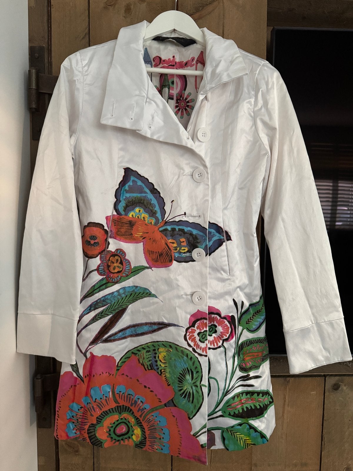 Desigual | Witte Jas met Kleurrijke Bloemenprint | Maat L/42, Ophalen of Verzenden, Zo goed als nieuw, Maat 42/44 (L), Wit