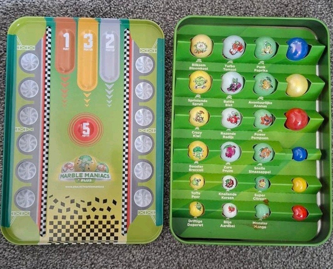 Te koop als nieuw Marble Maniacs verzamelblik+knikkers, Plus, Ophalen of Verzenden