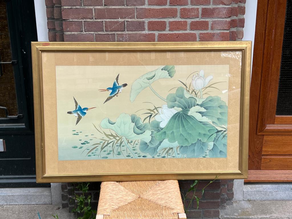 Vintage schilderij Japans  floral boho ijsvogels original, Ophalen