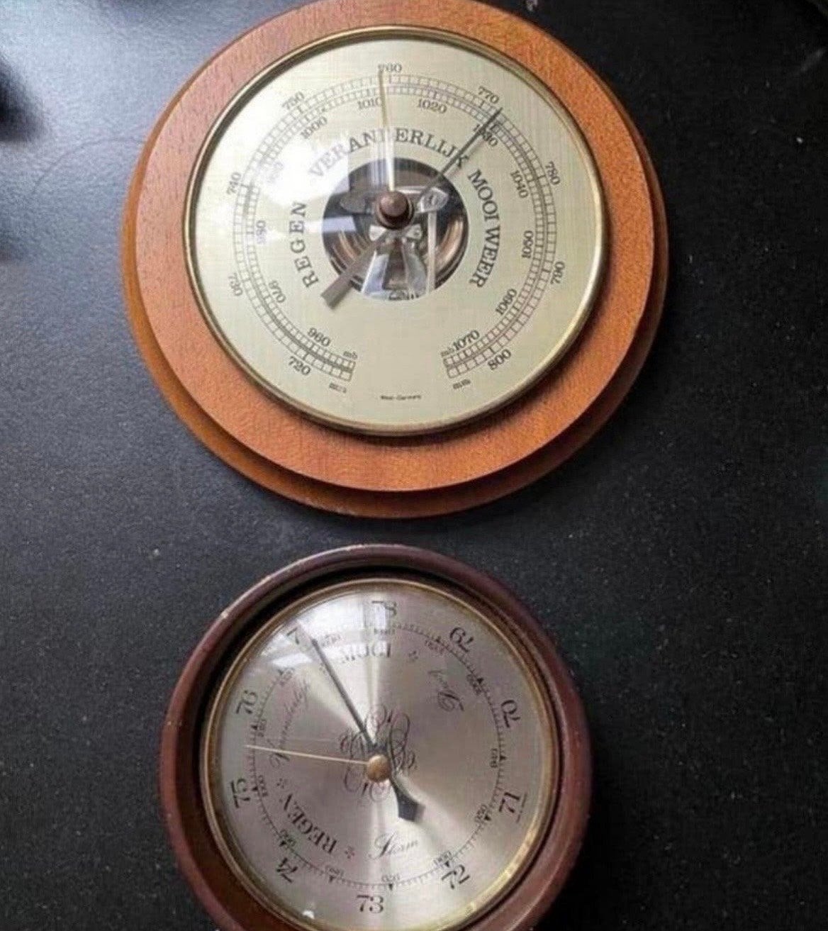 Vintage Barometer en Thermometer Set - Hout en Messing, Ophalen of Verzenden, Gebruikt, Barometer