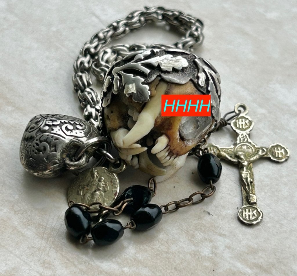 ANTIEK BIZAR 19e EEUW SCHEDEL ZILVER KETTING TAXIDERMIE, Ophalen of Verzenden, Zilver