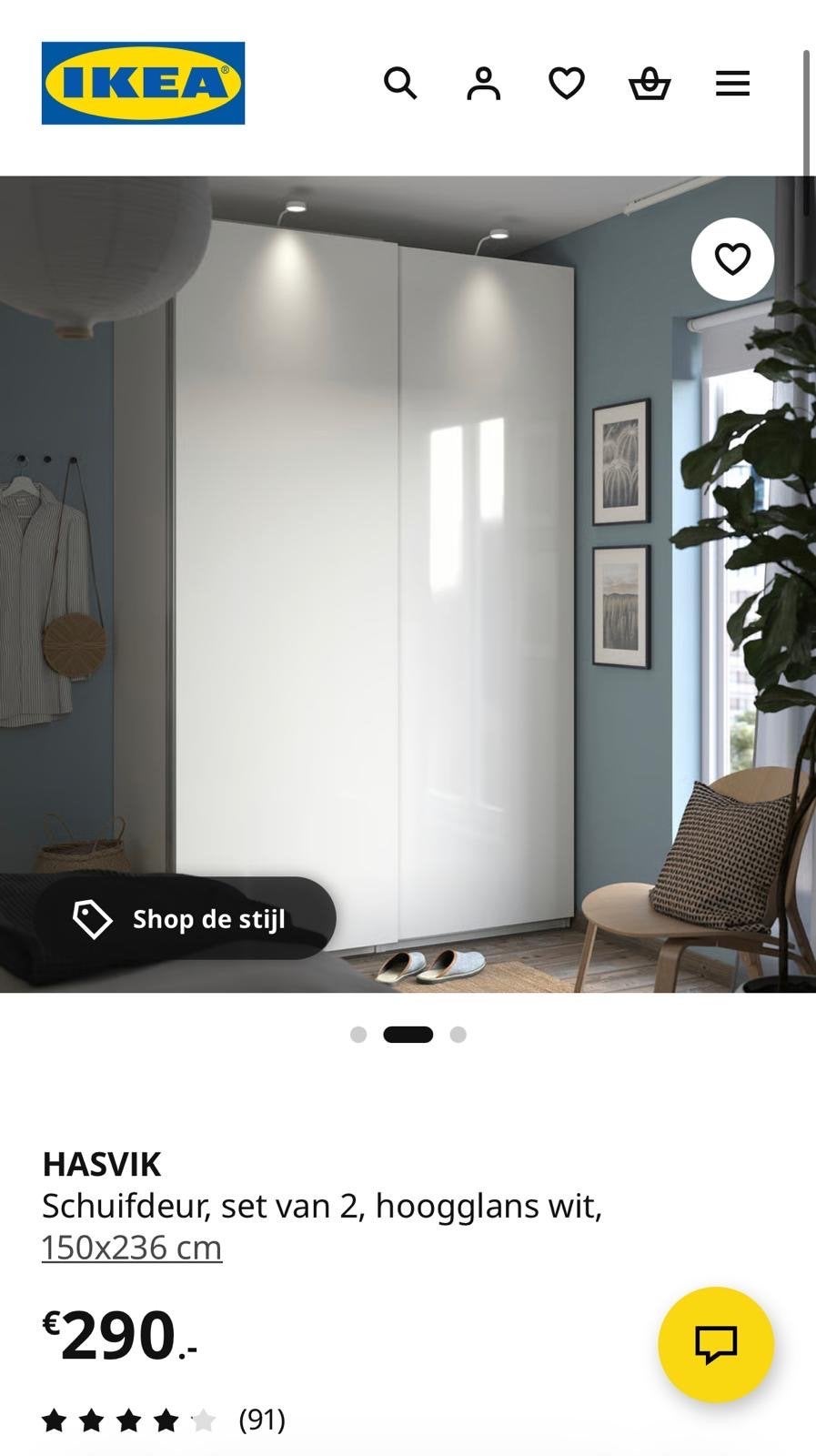 IKEA HASVIK Schuifdeuren (set van 2) Hoogglans Wit 150x236, Ophalen, 100 tot 150 cm, 200 cm of meer, Zo goed als nieuw