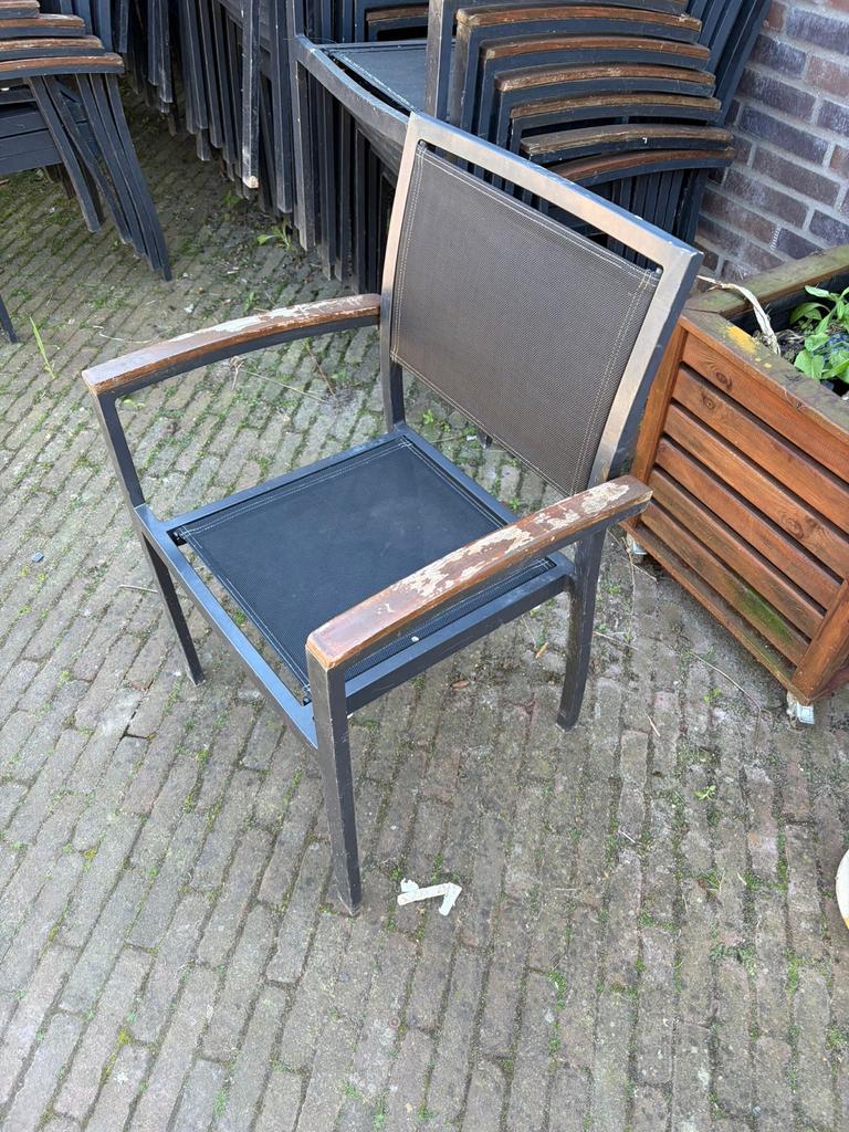 120x Aluminium terrasstoelen met textileen en houten armleun, Ophalen, Gebruikt, Overige kleuren, Vijf, Zes of meer stoelen