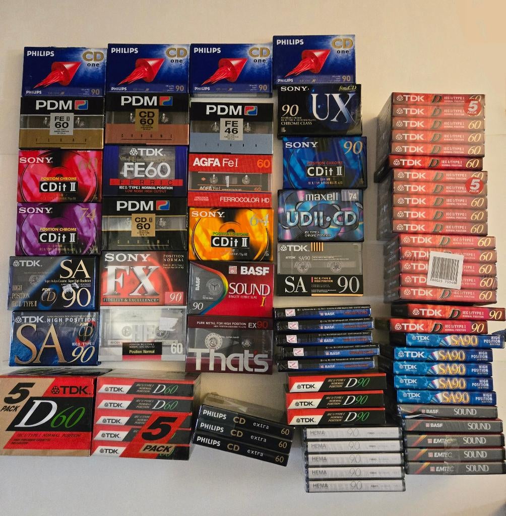 Partij 76 Verzegelde Cassettebandjes (NOS) - TDK SA90 / Sony, Ophalen, Overige genres, Nieuw in verpakking, Onbespeeld