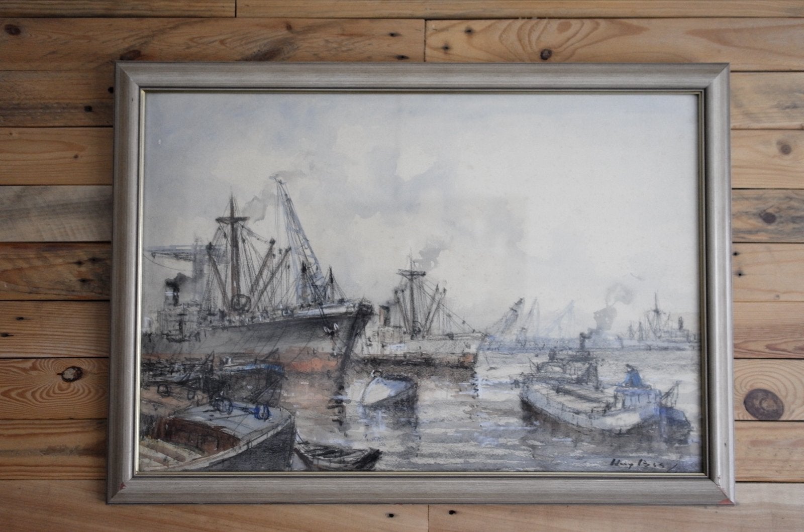 Breedveld: Maritiem schilderij: havengezicht met schepen., Maritiem / water, Realistisch, Ophalen of Verzenden, Gesigneerd
