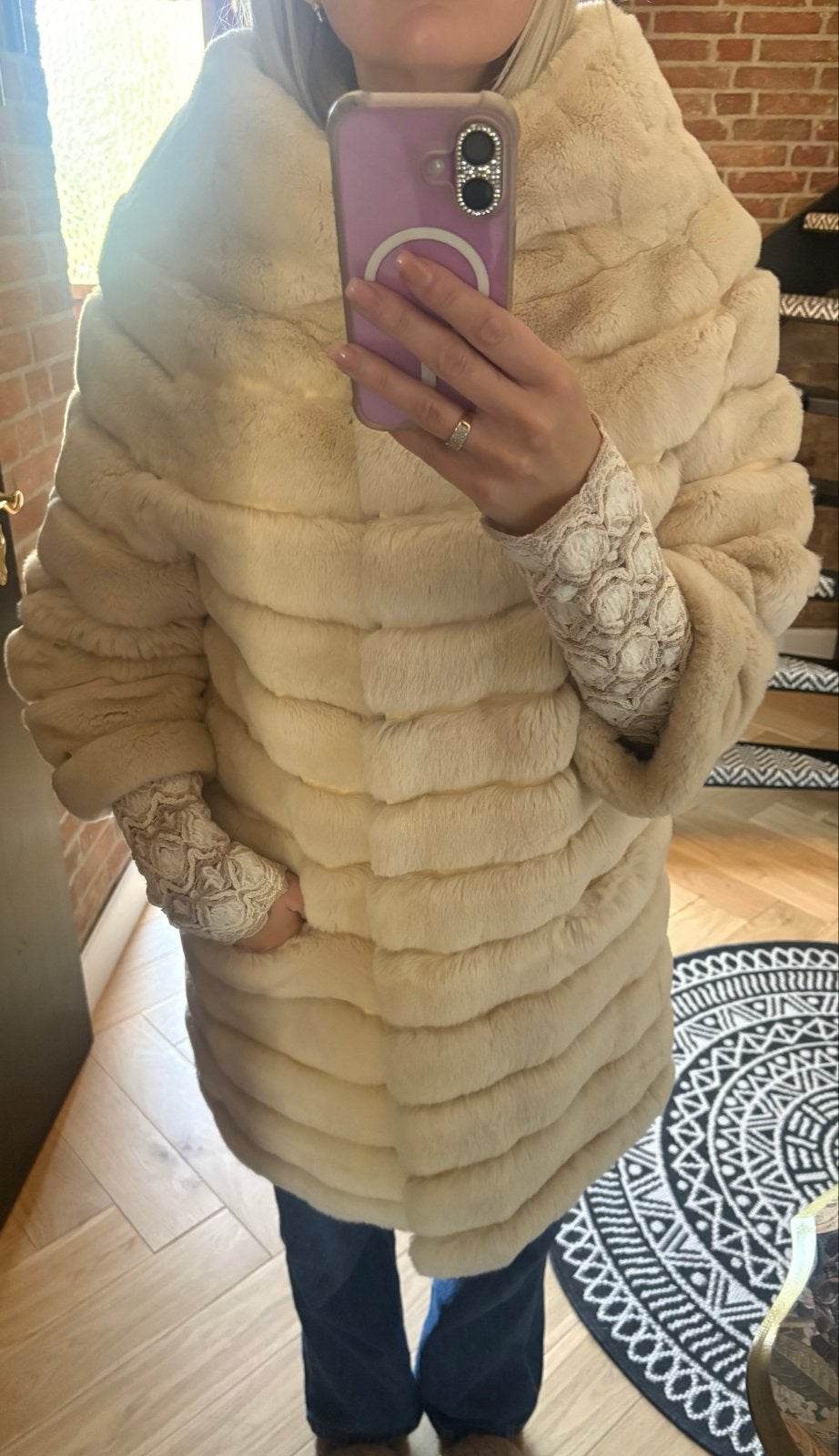 Luxe Crèmekleurige echte Bontjas rex- Maat M, Kleding | Dames, Verzenden, Zo goed als nieuw, Maat 38/40 (M), Beige