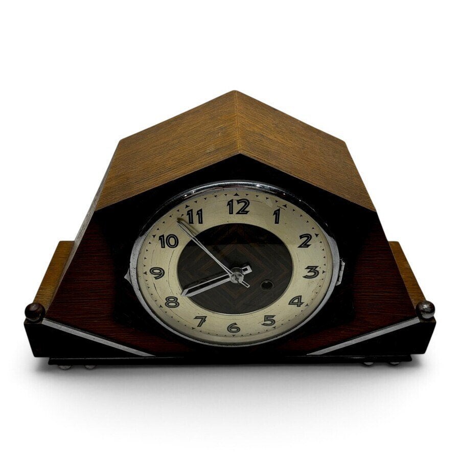 Art-deco schoorsteenklok in gefineerde houten kast, 1930, Ophalen of Verzenden