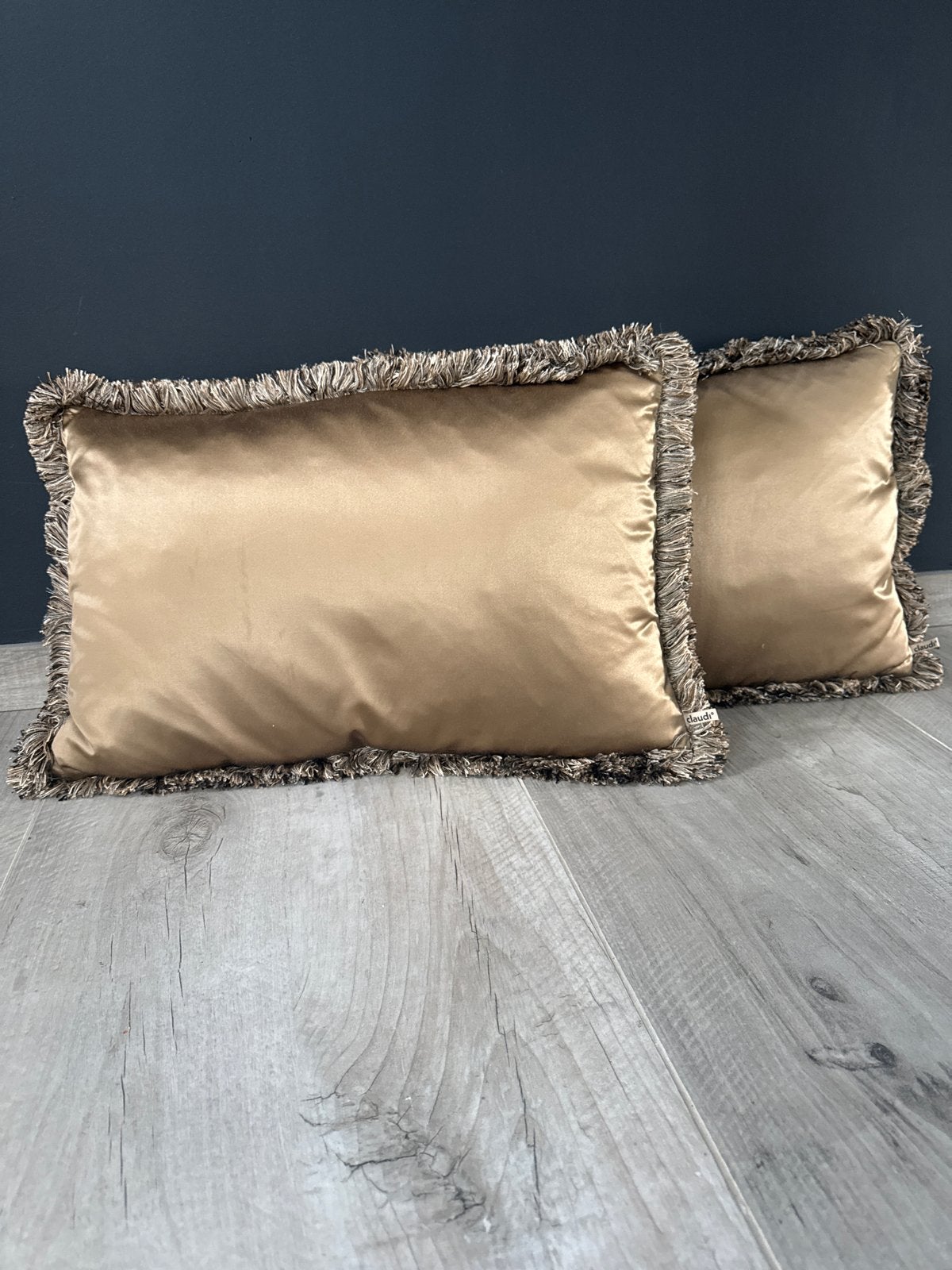 2 Claudi sierkussens met franjes - Goudkleurig, Inclusief binnenkussen, Ophalen of Verzenden, Zo goed als nieuw, Sierkussen