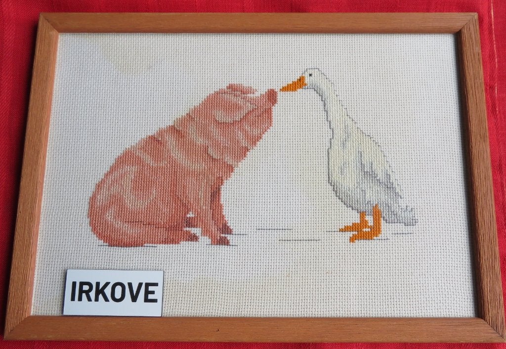 CUTE * GEBORDUURD VARKEN EN GANS * In Lijst *, Gebruikt, Verzenden, 28 cm, Textiel