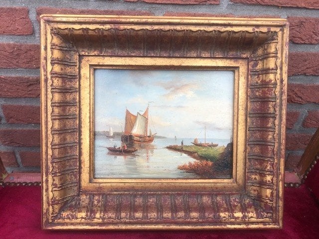 sfeervol schilderij, schepen bij de kust, Antiek en Kunst, Ophalen of Verzenden, Origineel werk, Olieverf, Klassiek