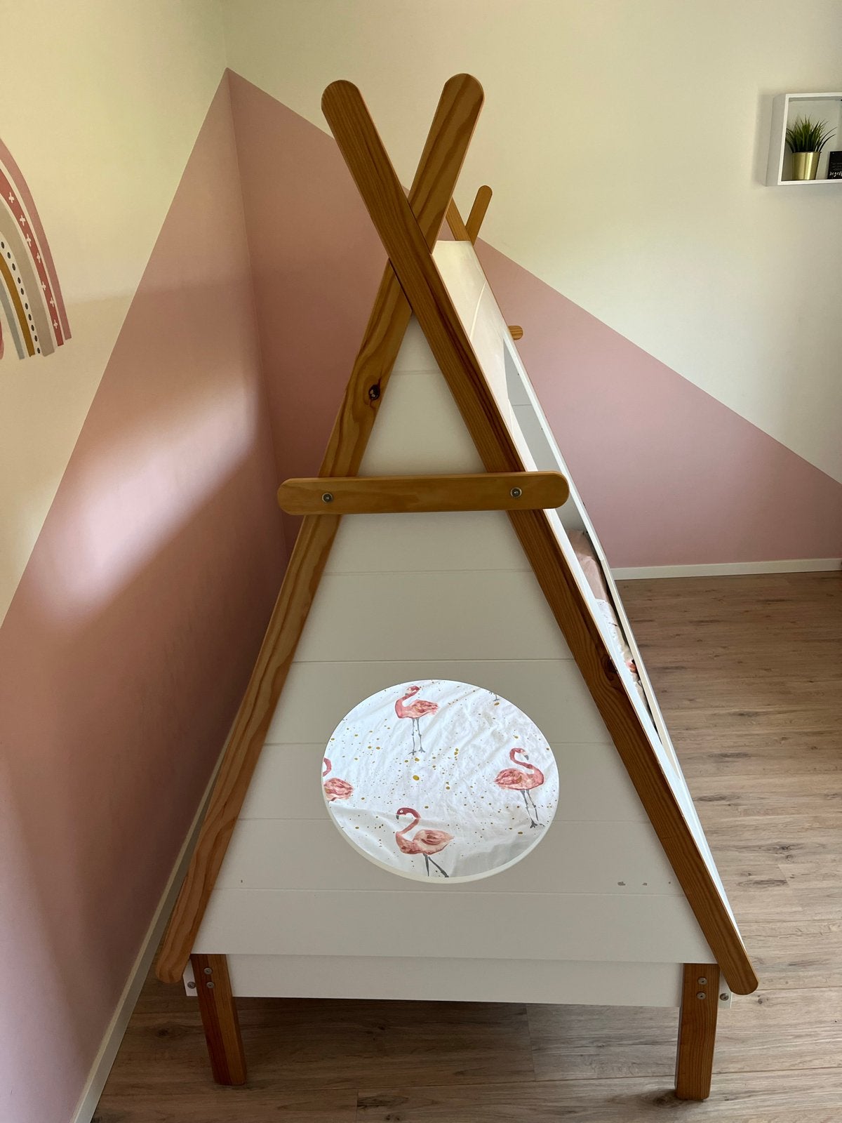 Tipi bed / Huisbed voor kinderen - Wit met hout, Ophalen, 85 tot 100 cm, Gebruikt, Lattenbodem