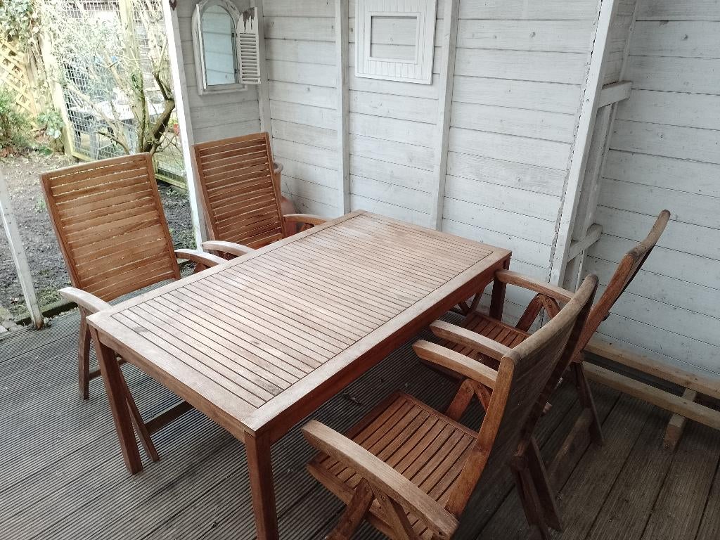 Tuinset FSC hardhout compleet met kussens, Ophalen, 4 zitplaatsen, Gebruikt, Hardhout