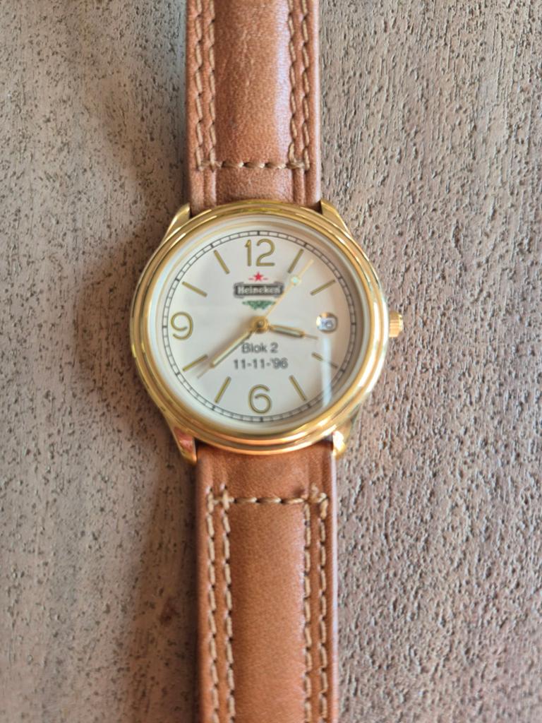 Heineken horloge met tekst Blok 2 11-11-'96 - Werkt prima!, Overige merken, Overige materialen, Leer, Polshorloge