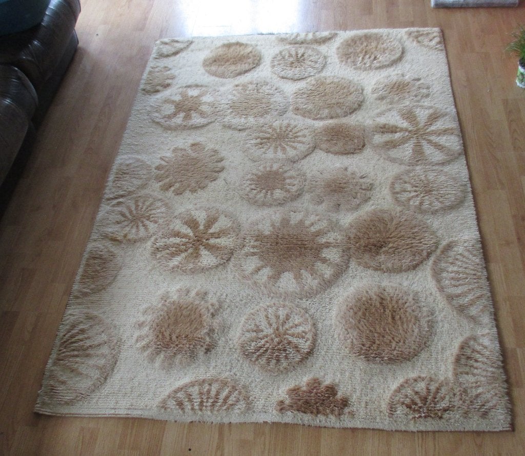 Bergoss jaren 70 reliëf vloerkleed space age design retro, Gebruikt, 100 tot 150 cm, Bergoss, Beige